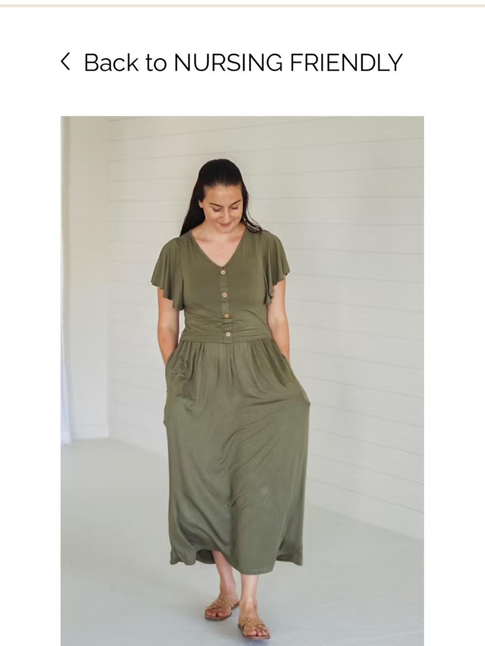 Olive Green V-Neck Button Front Midi Dress—Nursing friendly.